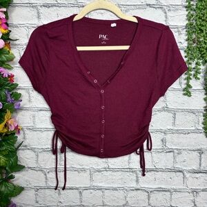 .^🌸5/$25🌸Pac Wine Red Short Sleeved Button Down Crop Top  Size Small